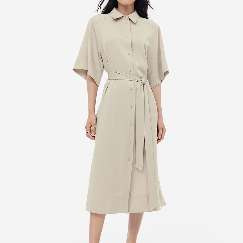 H&M MIDI SHIRT DRESS KIMONO SLEEVES RELAXED FIT BELTED Beige - Picture 2 of 14